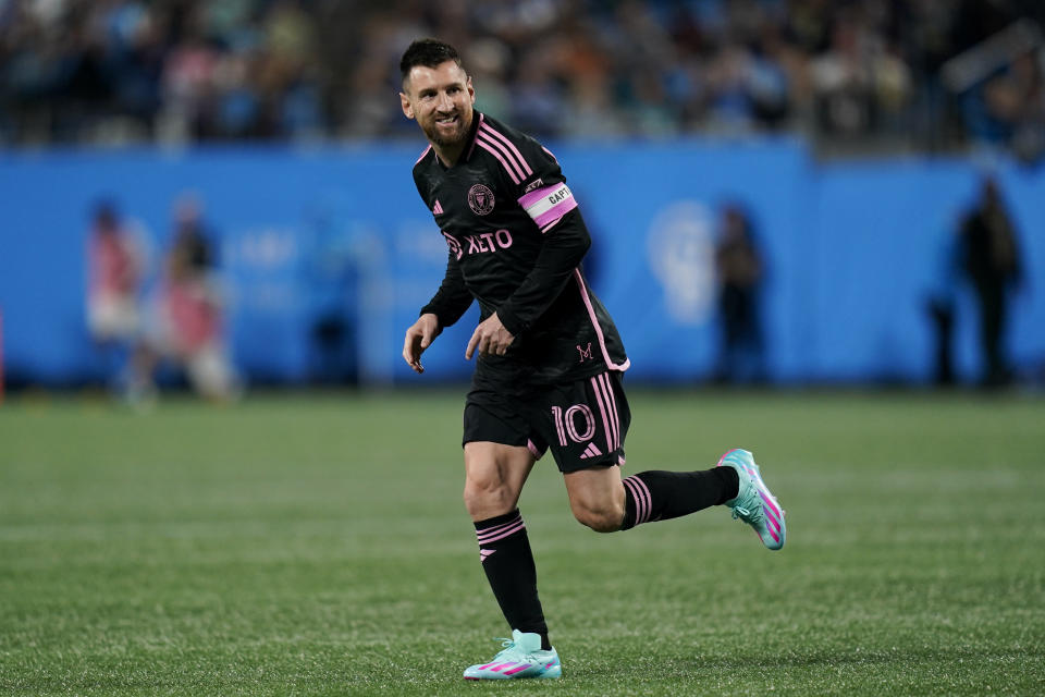 Inter Miami forward Lionel Messi reacts after missing a free kick during the second half of an MLS soccer match against Inter Miami, Saturday, Oct. 21, 2023, in Charlotte, N.C. (AP Photo/Erik Verduzco)