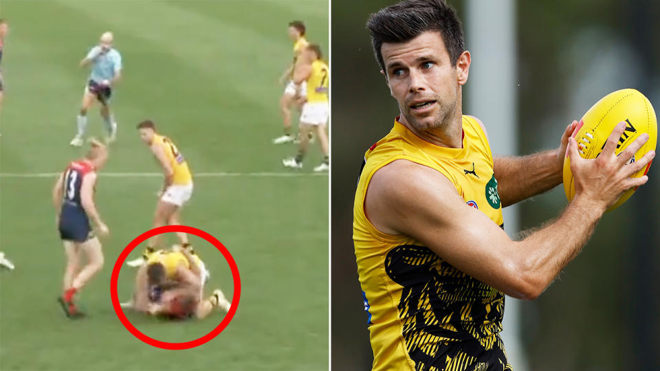 Trent Cotchin is circled in red wrestling with James Harmes on the left, and looking to pass to a teammate on the right.