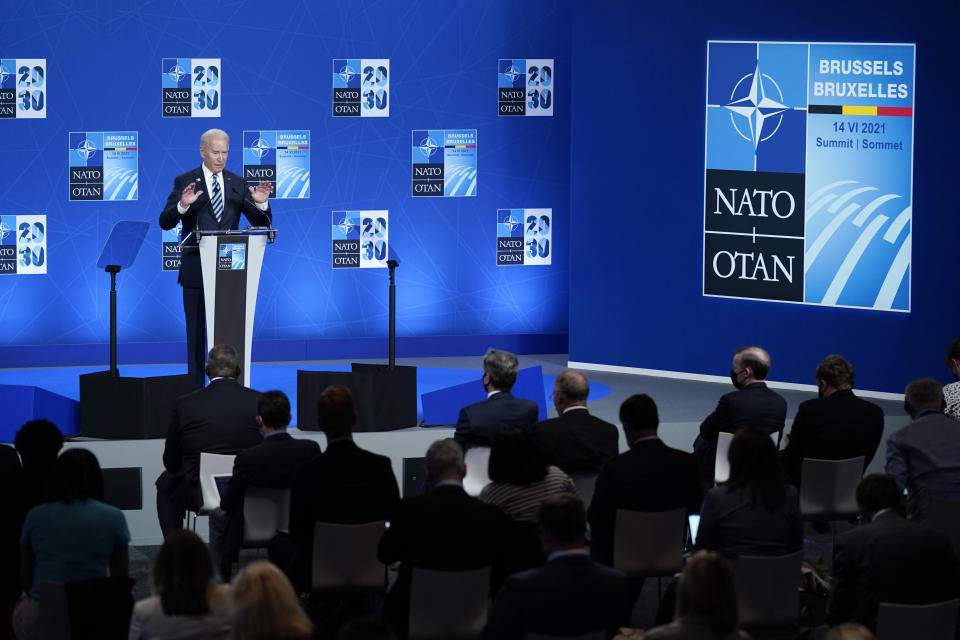 President Joe Biden speaks during a news conference at the NATO summit at NATO headquarters in Brussels, Monday, June 14, 2021. (AP Photo/Patrick Semansky)