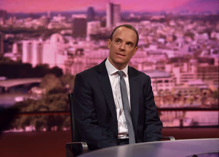 Britain's ex-Secretary of State for Exiting the European Union Dominic Raab appears on the BBC's Marr Show, in London, Britain, November 18, 2018. Jeff Overs/BBC/Handout via REUTERS