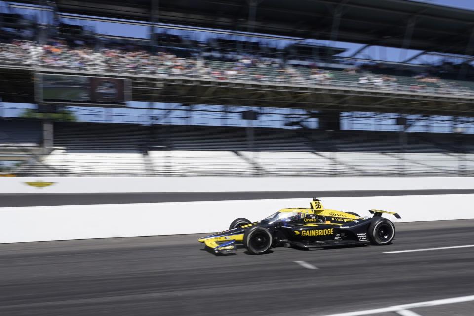 Colton Herta leaves the pits during final practice for the Indianapolis 500 auto race at Indianapolis Motor Speedway, Friday, May 26, 2023, in Indianapolis. (AP Photo/Darron Cummings)