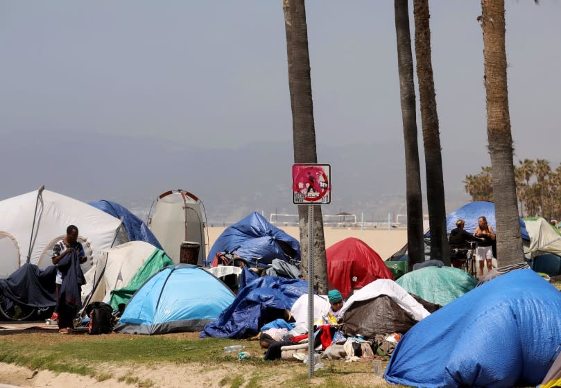 VENICE, CA - APRIL 16, 2021 - - A sea of homeless tents takes over an area between the bike path and Ocean Front Walk in Venice on April 16, 2021. (Genaro Molina / Los Angeles Times)