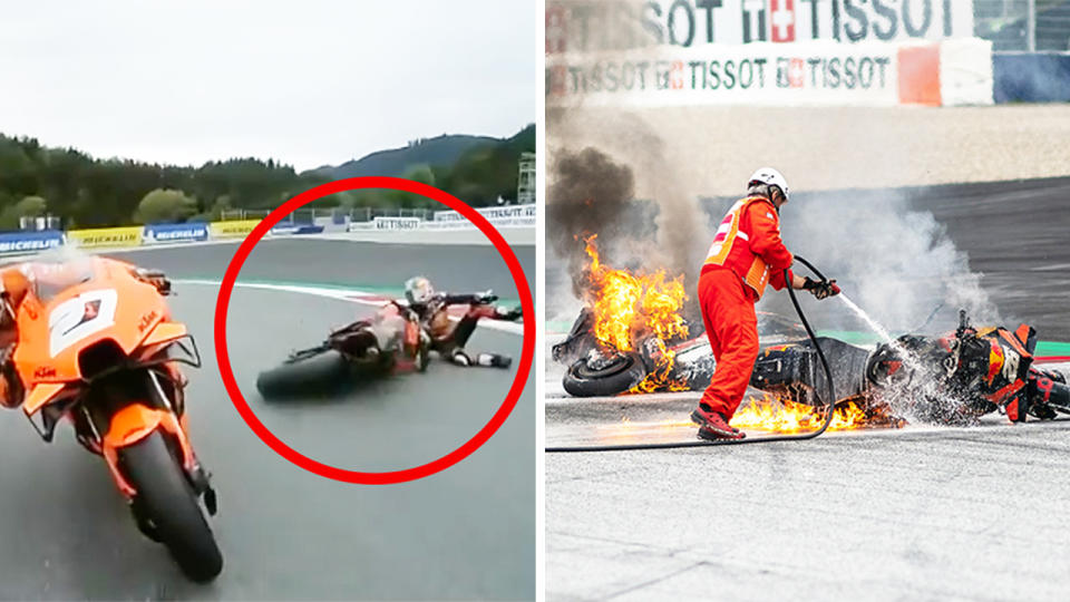 Dani Pedrosa (pictured left) fell of his bike before Lorenzo Savadori crashed into it sparking flames (pictured right) at the Styrian GP.