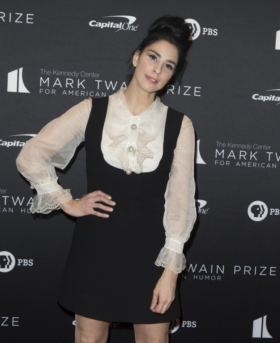 Sarah Silverman arrives at the Kennedy Center for the Performing Arts for the 22nd Annual Mark Twain Prize for American Humor presented to Dave Chappelle on Sunday, Oct. 27, 2019, in Washington. (Photo by Owen Sweeney/Invision/AP)