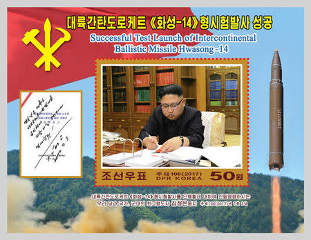 REFILE A new stamp issued in commemoration of the successful test launch of the "Hwasong-14" intercontinental ballistic missile is seen in this undated photo released by North Korea's Korean Central News Agency (KCNA) in Pyongyang on August 8, 2017. KCNA/via REUTERS