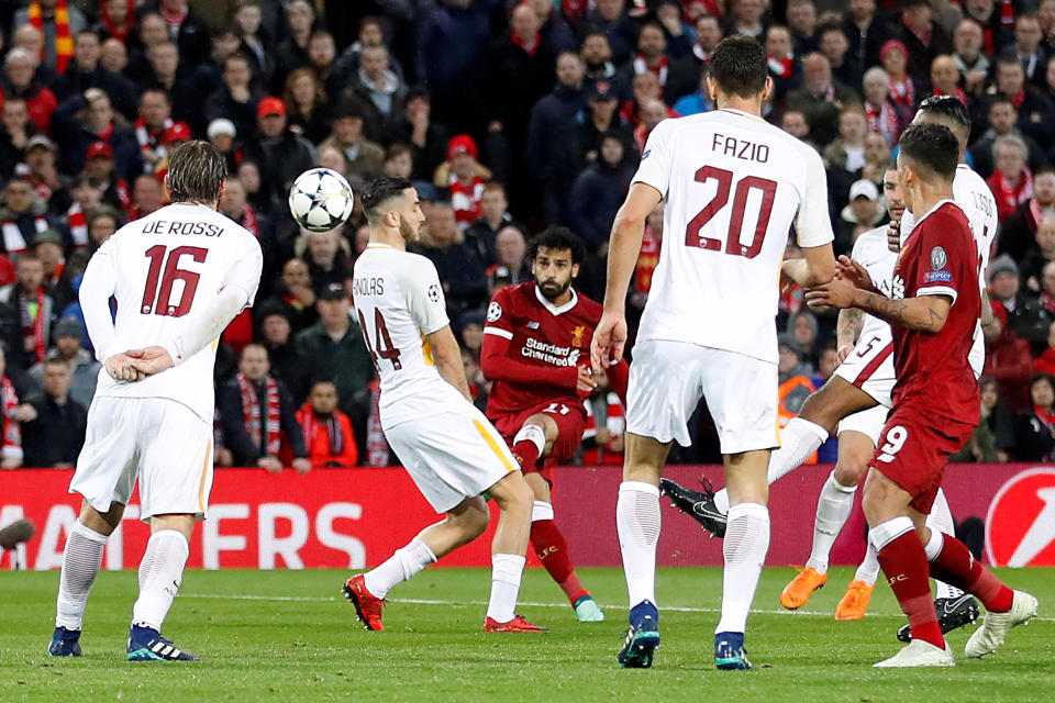 Soccer Football – Champions League Semi Final First Leg – Liverpool vs AS Roma – Anfield, Liverpool, Britain – April 24, 2018 Liverpool’s Mohamed Salah scores their first goal Action Images via Reuters/Carl Recine