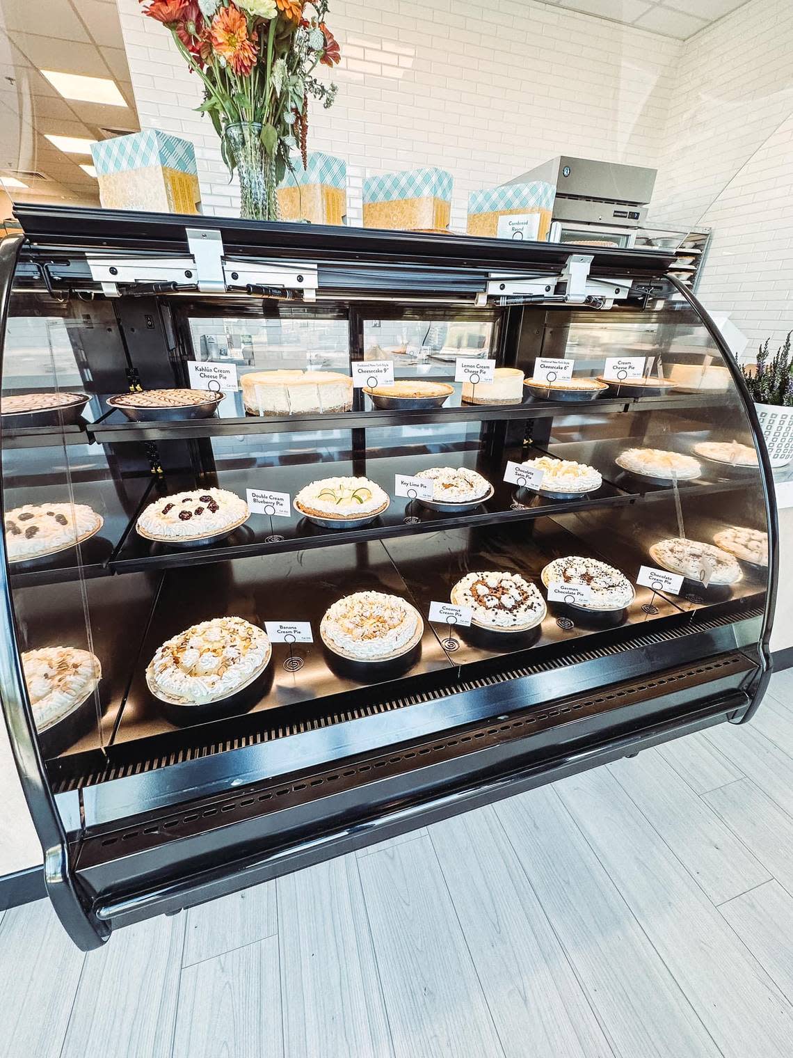 Pies fill a display case at Marie Callender’s in Meridian.