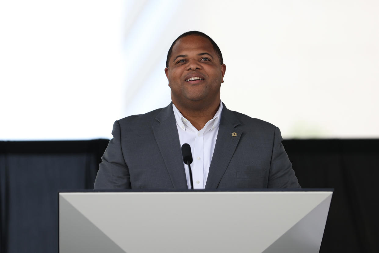 DALLAS, TX - JUNE 16: Mayor of Dallas Eric Johnson speaks during the FIFA World Cup 2026 Host City Announcement at the AT&T Discovery District on June 16, 2022 in Dallas, Texas. 