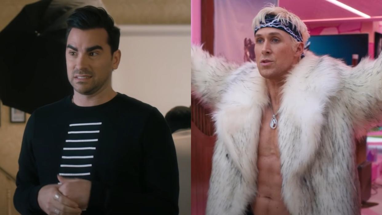  Dan Levy as David in Schitt's Creek and Ryan Gosling as Ken in Barbie. 