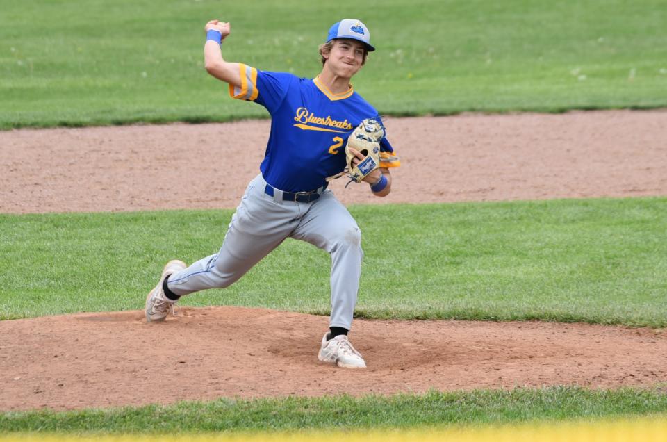 Ida's Owen Snyder pitches during a 4-3. 1-0 Ida sweep of Whiteford on Saturday, May 4, 2024.