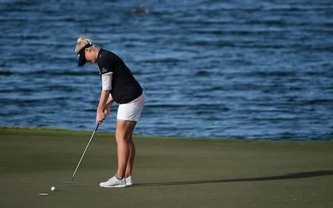 Charley Hull of England makes the winning putt on the 18th hole during Day Three of the Fatima Bint Mubarak Ladies Open at Saadiyat Beach Golf Club - Credit: Getty Images