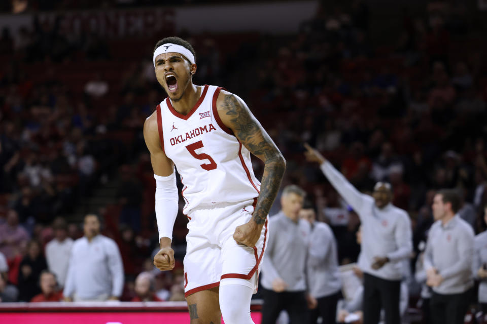 Oklahoma guard Rivaldo Soares reacts during the second half of the team's NCAA college basketball game against BYU on Tuesday, Feb. 6, 2024, in Norman, Okla. (AP Photo/Garett Fisbeck)