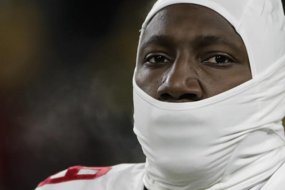 San Francisco 49ers' Deebo Samuel warms up before an NFC divisional playoff NFL football game against the Green Bay Packers Saturday, Jan. 22, 2022, in Green Bay, Wis. (AP Photo/Aaron Gash)