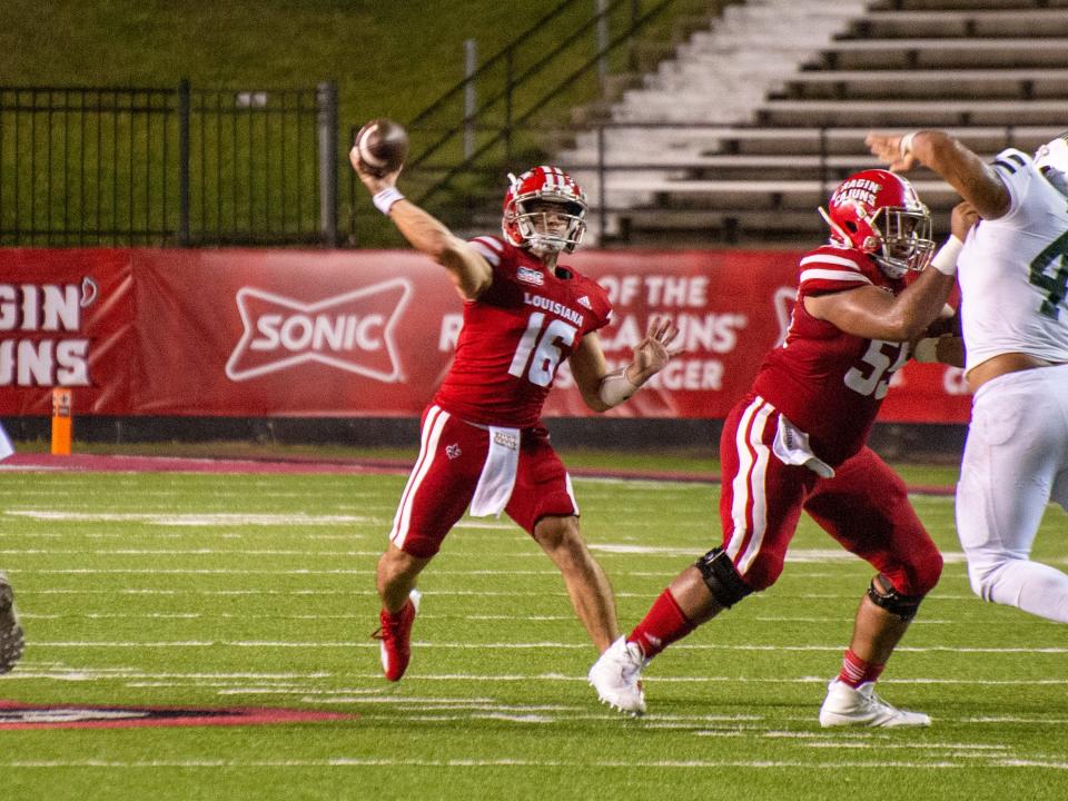 UL backup quarterback Chandler Fields passes during a win over Ohio earlier this season.