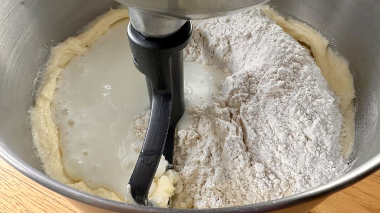 adding flour buttermilk to mixture