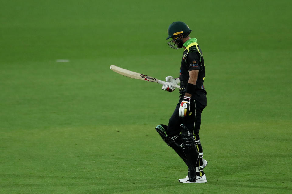 Glenn Maxwell, pictured here walking off the field after been dismissed in the second T20 against England.