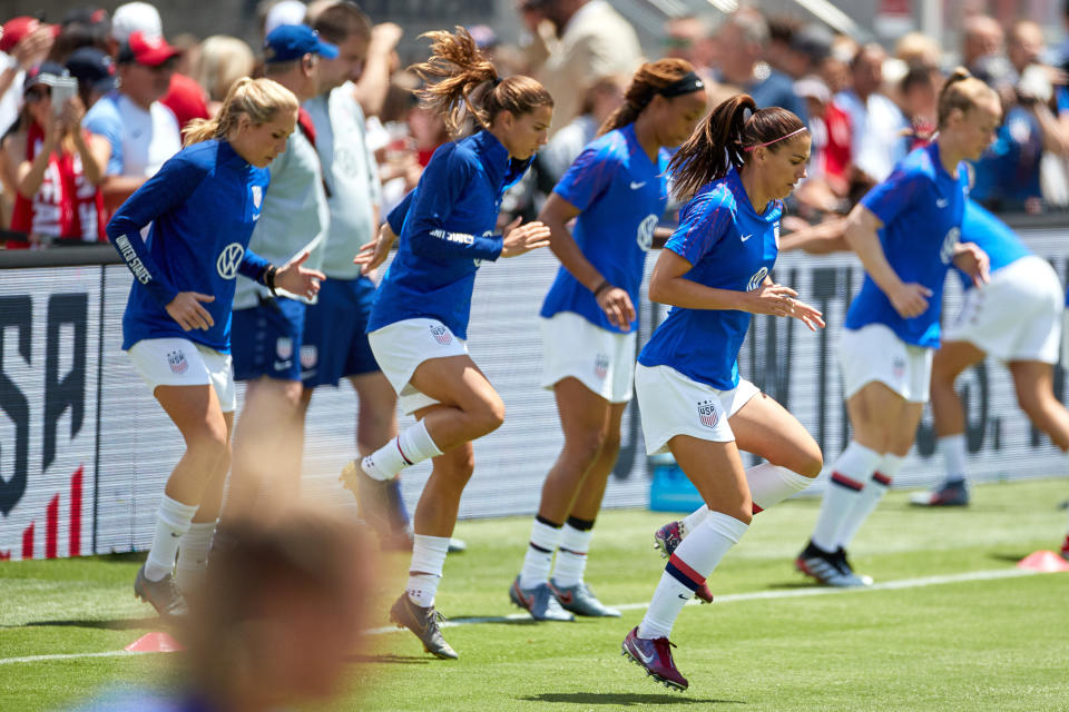 SANTA CLARA, CA - MAY 12: United States forward Alex Morgan (13) warms up prior to game action during an International friendly match between the United States and South Africa on May 12, 2019 at Levi's Stadium in Santa Clara, CA. (Photo by Robin Alam/Icon Sportswire via Getty Images)