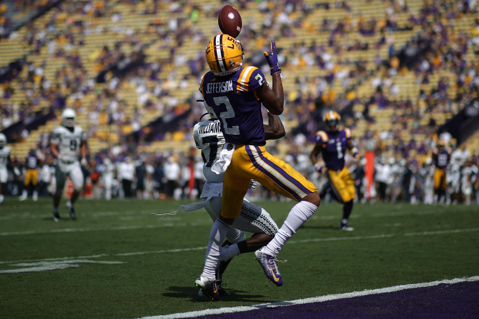 LSU WR Justin Jefferson put on a show against Utah State and faces a great challenge on Saturday night. (Getty Images)