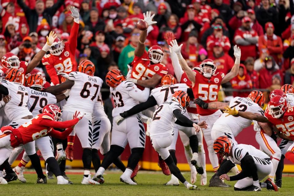 Cincinnati Bengals kicker Evan McPherson (2) kicks a 31-yard field goal during overtime in the AFC championship game against the Kansas City Chiefs (Charlie Riedel/AP) (AP)