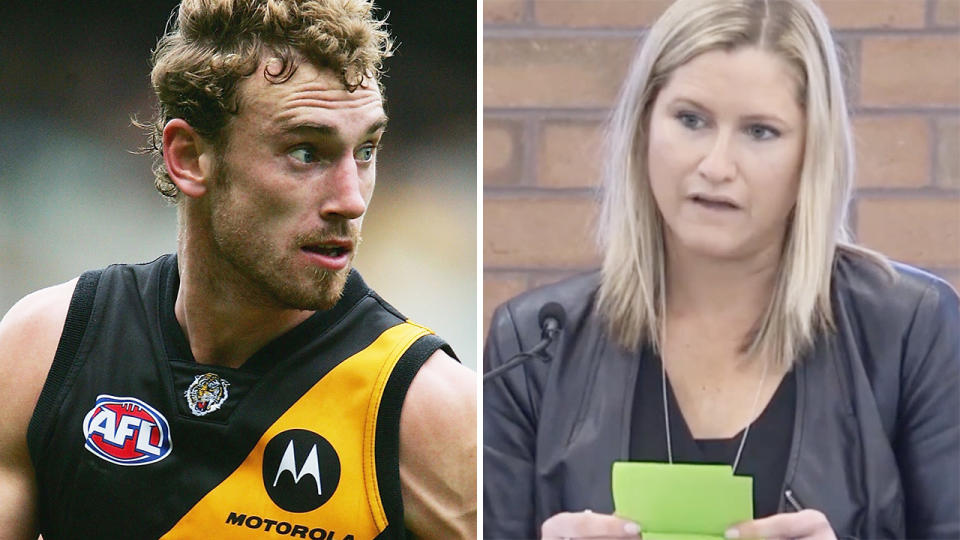 A 50-50 split image shows Shane Tuck playing for Richmond in 2005, and Katherine Tuck speaking at his funeral on the right.