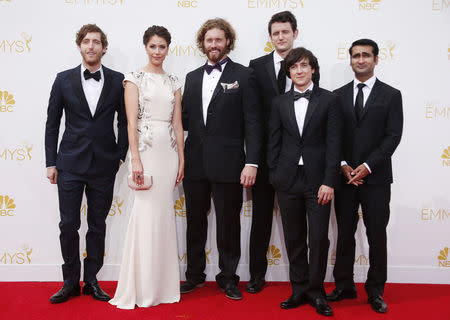 The cast of the HBO comedy series "Silicon Valley", Thomas Middleditch (L), Amanda Crew, T. J. Miller, Zach Woods, Josh Brener amd Kumail Nanjiani. REUTERS/Lucy Nicholson