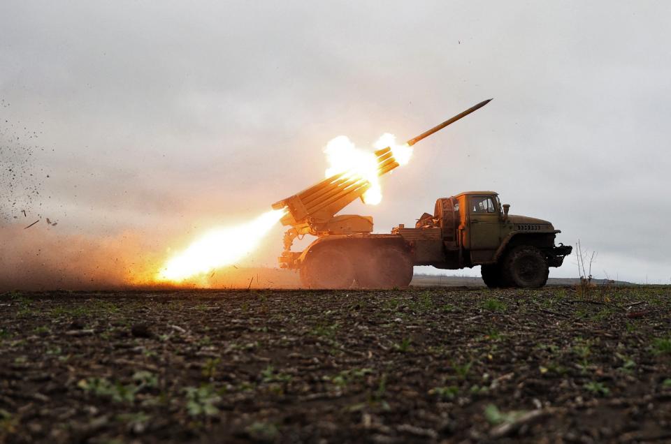 A BM-21 ‘Grad’ multiple rocket launcher fires towards Russian positions on the front line near Bakhmut, Donetsk region over the weekend (AFP via Getty Images)