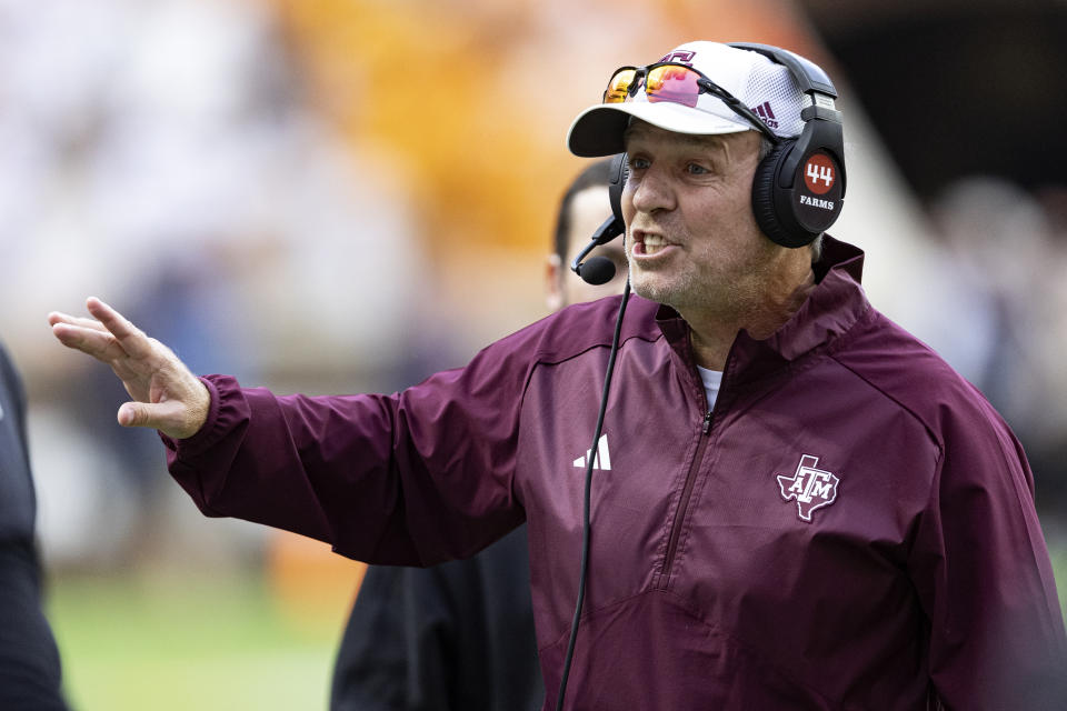 The struggles of Texas A&M under head coach Jimbo Fisher are well documented, but would the school be willing to eat his enormous contract buyout, which is at least $70 million? (AP Photo/Wade Payne)