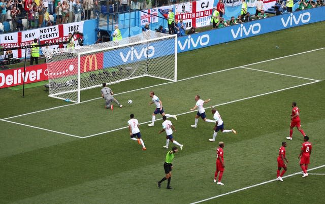 Harry Kane, third left, celebrates the first of his two penalties against Panama at the 2018 World Cup