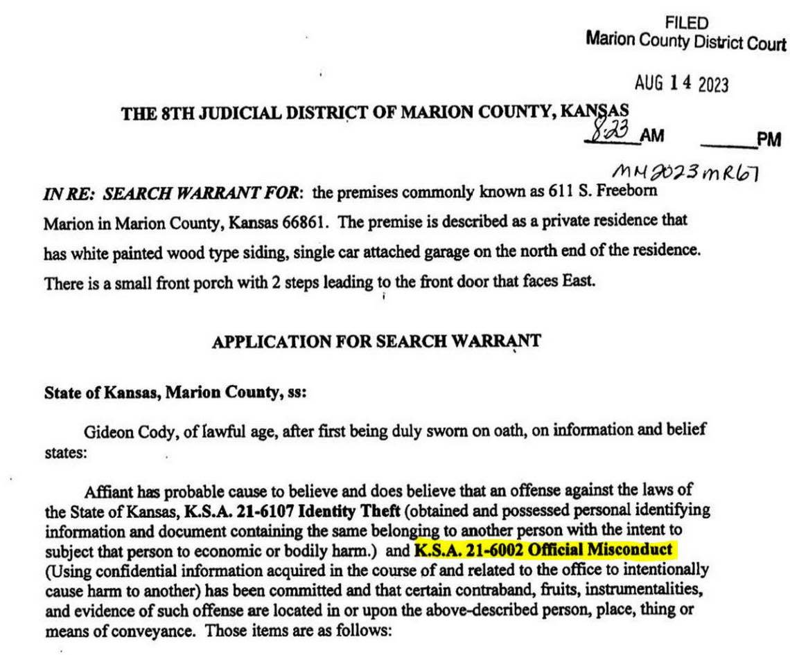 This excerpt Marion Police Chief Gideon Cody’s application for a search warrant at Marion Vice Mayor Ruth Herbel’s home shows he sought a warrant under suspicion that Herbel had committed “official misconduct,” not “unlawful acts concerning computers,” which was listed on the search warrant document she was provided on the day of the search.
