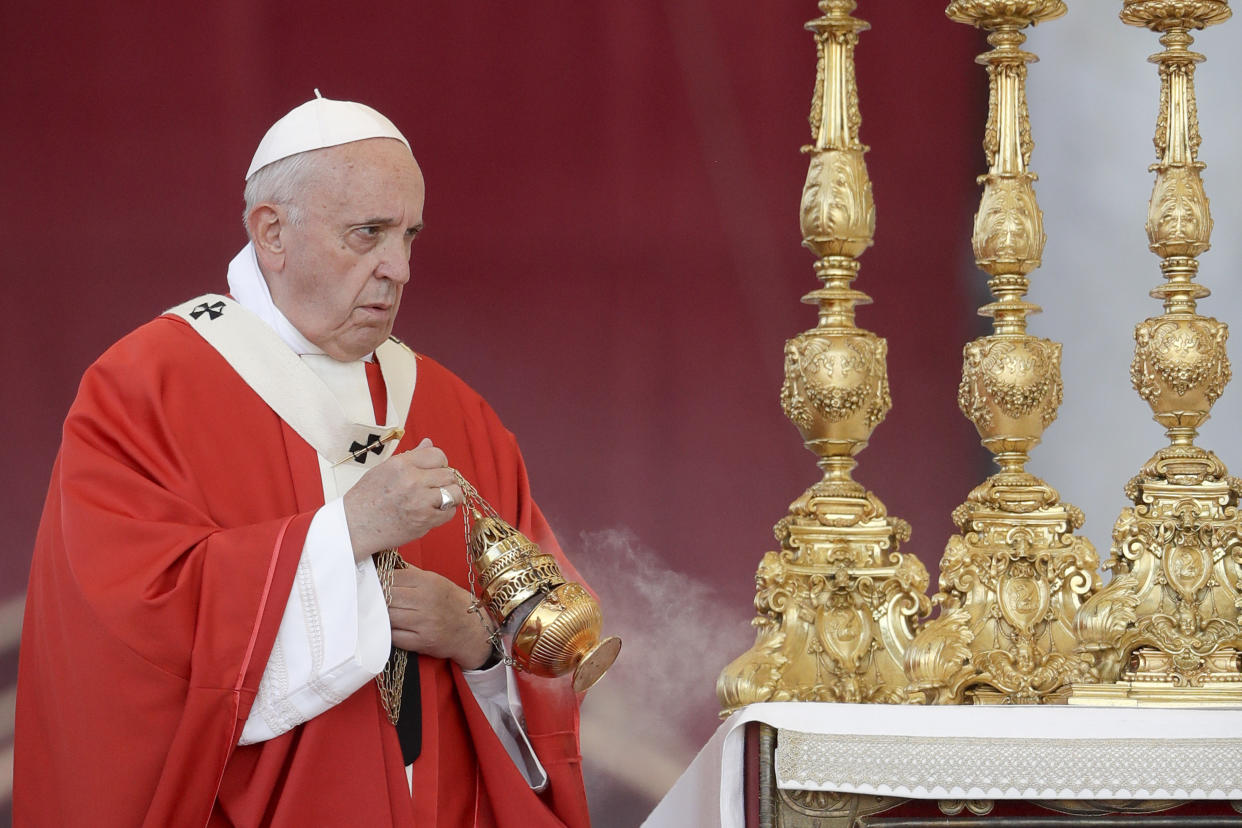 Pope Francis celebrates a Pentecost Vigil mass in St. Peter's Square, at the Vatican, Saturday, June 8, 2019. (AP Photo/Andrew Medichini)