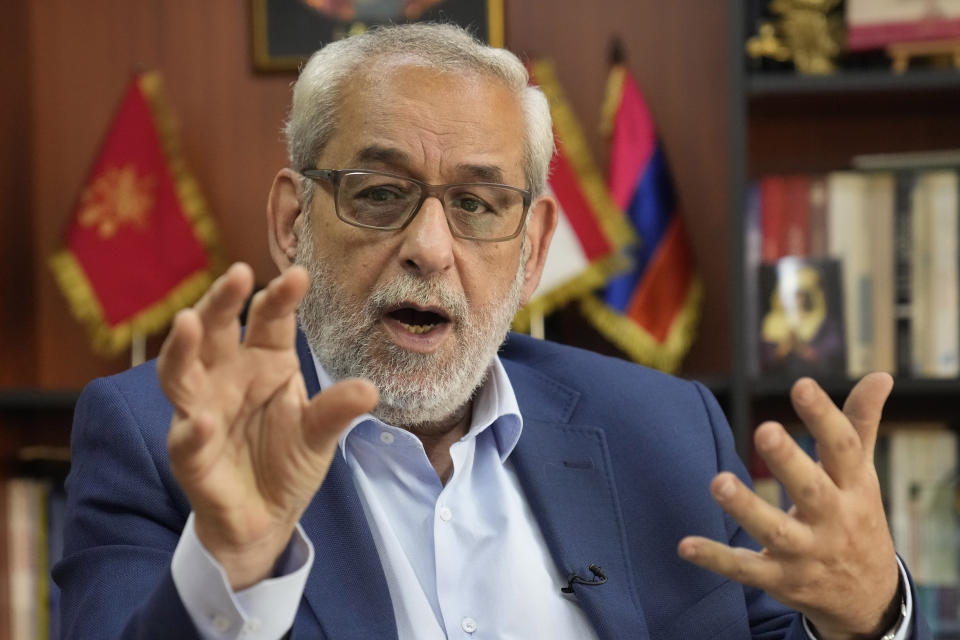 Lebanese legislator Hagop Pakradounian, who heads the Armenian Revolutionary Federation, the largest and most powerful Armenian group in Lebanon, speaks during an interview with The Associated Press, in Beirut, Lebanon, Monday, Sept. 25, 2023. The swift fall of the Armenian-majority enclave of Nagorno-Karabakh to Azerbaijani troops and exodus of much of its population has stunned the large Armenian diaspora around the world. (AP Photo/Hussein Malla)