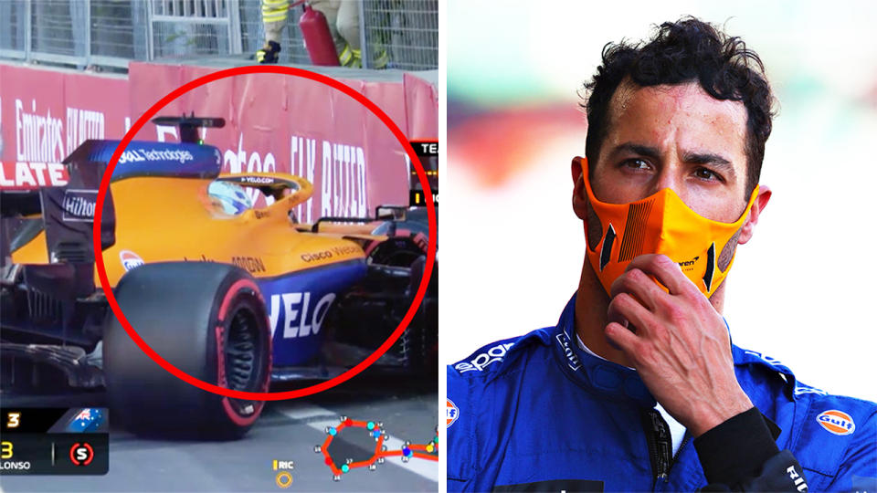 Daniel Ricciardo (pictured right) fixing his mask and (pictured left) after a crash for McLaren.