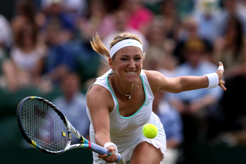 LONDON, ENGLAND - JUNE 30: Victoria Azarenka of Belarus in action during her Ladies' Singles third round match against Jana Cepelova of the Czech Republic on day six of the Wimbledon Lawn Tennis Championships at the All England Lawn Tennis and Croquet Club at Wimbledon on June 30, 2012 in London, England. (Photo by Julian Finney/Getty Images)