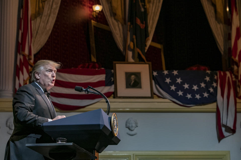 President Donald Trump speaks during the Ford's Theatre Annual Gala, Sunday June 2, 2019, in Washington. (AP Photo/Jacquelyn Martin)