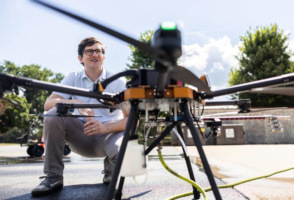 Robert Blank, Lucid Bots head of product, talks Tuesday, July 24, 2024 about the Sherpa drone. The Charlotte company purchased Avianna, an AI company that enables robots to understand human language and operate autonomously.