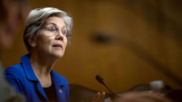 PHOTO: Sen. Elizabeth Warren speaks during a hearing by the Senate Finance Committee on the proposed budget request for 2024, on Capitol Hill in Washington, DC, March 16, 2023. (Andrew Caballero-reynolds/AFP via Getty Images)