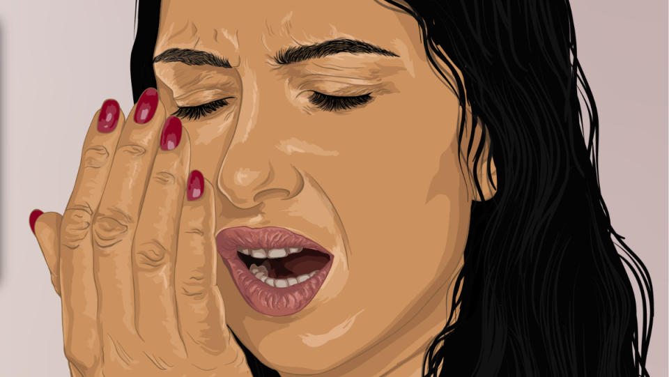 An illustration of a woman smelling her own bad breath in her palm.