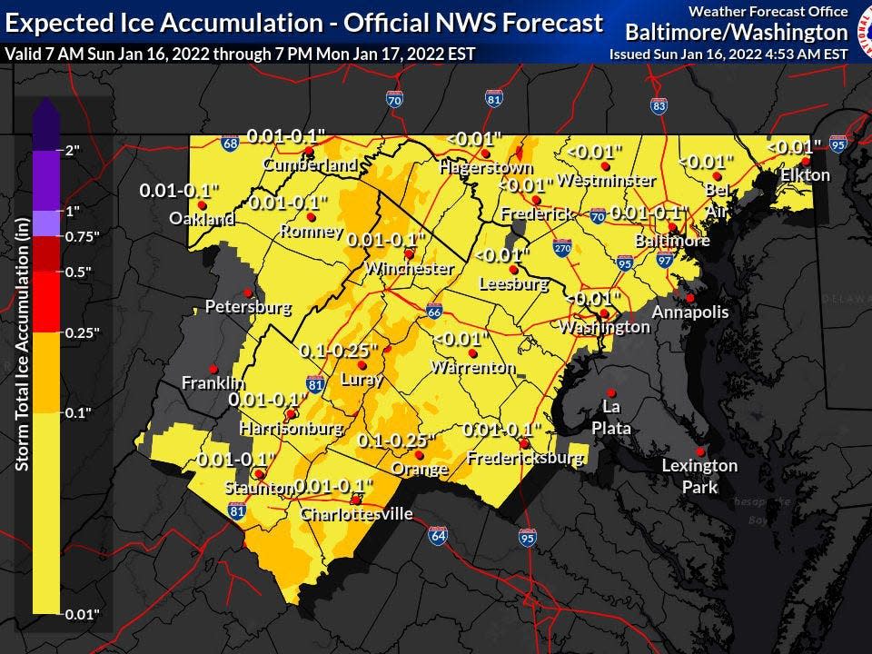 Ice accumulations for Jan. 16-17, 2022, in central Virginia.