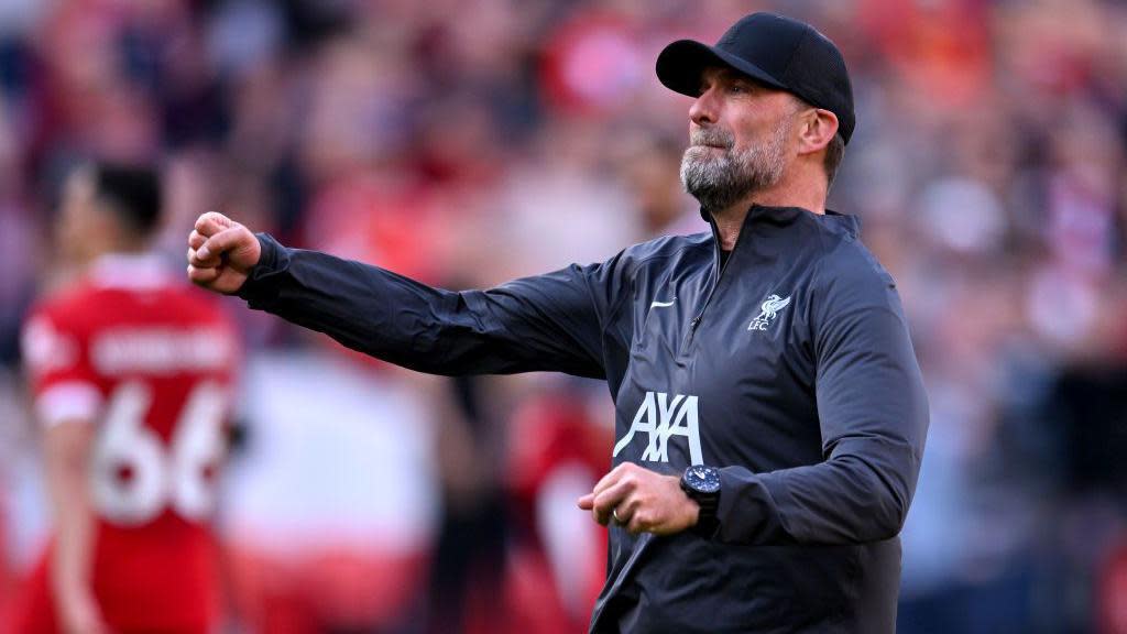 Jurgen Klopp manager of Liverpool celebrating with the fans