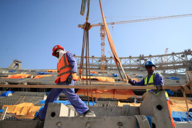 Construction workers continue working on the Lusail Stadium in Lusail, Qatar. (Photo: Adam Davy - PA Images via Getty Images)