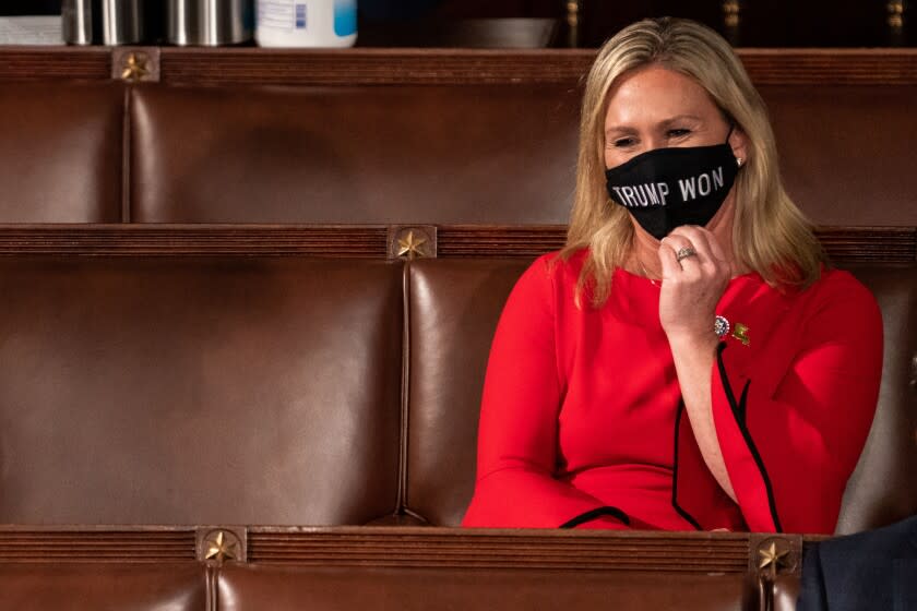 WASHINGTON, DC - JANUARY 03: Rep. Marjorie Taylor Greene (R-GA) during the first session of the 117th Congress at the House Chamber on Sunday, Jan. 3, 2021 in Washington, DC. (Kent Nishimura / Los Angeles Times)