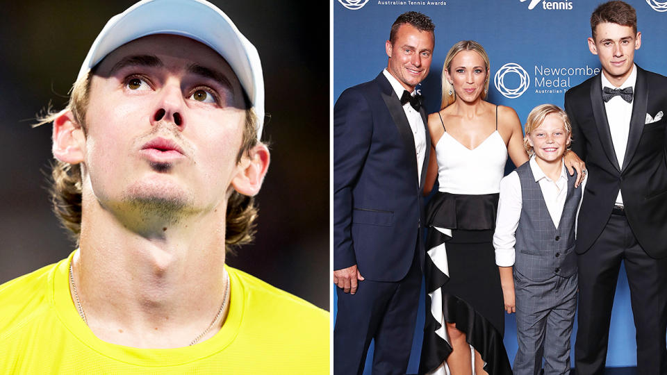 Alex de Minaur, pictured here alongside Lleyton Hewitt and his family.