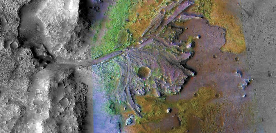 Image of Jezero Crater taken by two instruments on NASA's Mars Reconnaissance Orbiter.