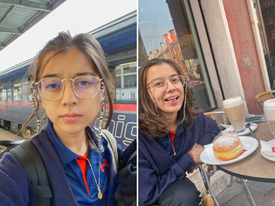 Left to right: The author before and after having coffee during her first morning in Venice.