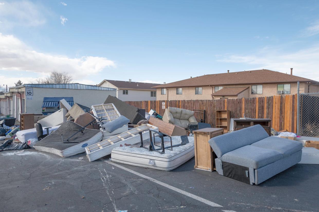 Furniture including beds and couches were left behind by residents of one building at Skyview Apartments who were told to vacate due to damage to the buildings heating and sewer systems. 