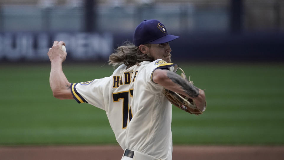 Milwaukee Brewers' Josh Hader throws during a practice session Saturday, July 4, 2020, at Miller Park in Milwaukee. (AP Photo/Morry Gash)