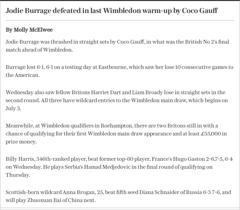 Jodie Burrage derrotada en el último calentamiento de Wimbledon por Coco Gauff