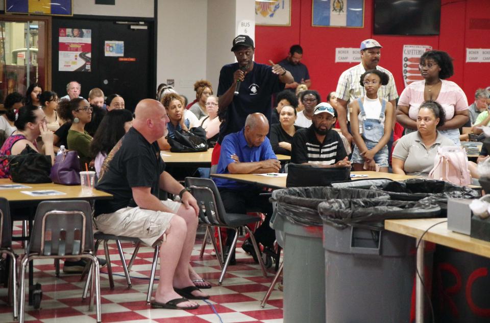 John C. Williams of Brockton addresses other parents of students at Brockton High School with concerns of safety at the Open Forum meeting at BHS on Tuesday, July 11, 2023.