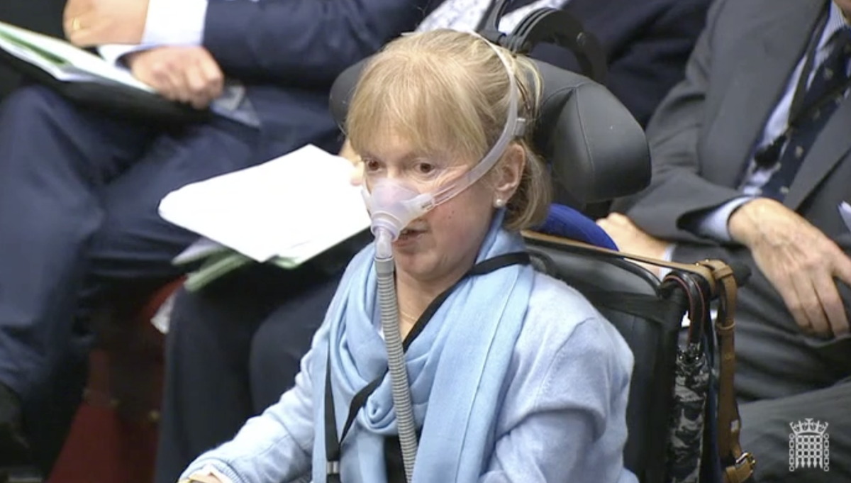 Baroness Jane Campbell speaking in the House of Lords in January 2017. The issue being discussed: ‘Legalisation of assisted dying for terminally ill patients’ (Parliament Live)