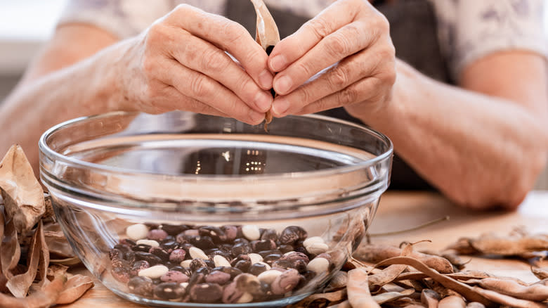 Peeling dried kidney beans into a bowl